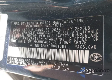 2012 Toyota Camry Le z USA, uszkodzony, nr VIN 4T1BF1FKXCU004684